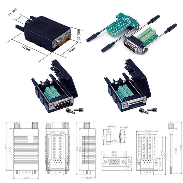 DB15 D Sub 15 Pin Dual Row Connectors to Terminal Blocks Adapter with housing