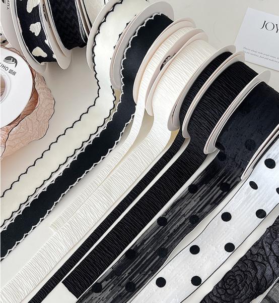 Polyester Black and White Series Ribbon Flower Bouquet Strap for Hair Accessories DIY Handmade Bow