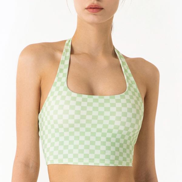 Spring Plaid Hanging Neck Womens Sports Bra Fitness Yoga Vest