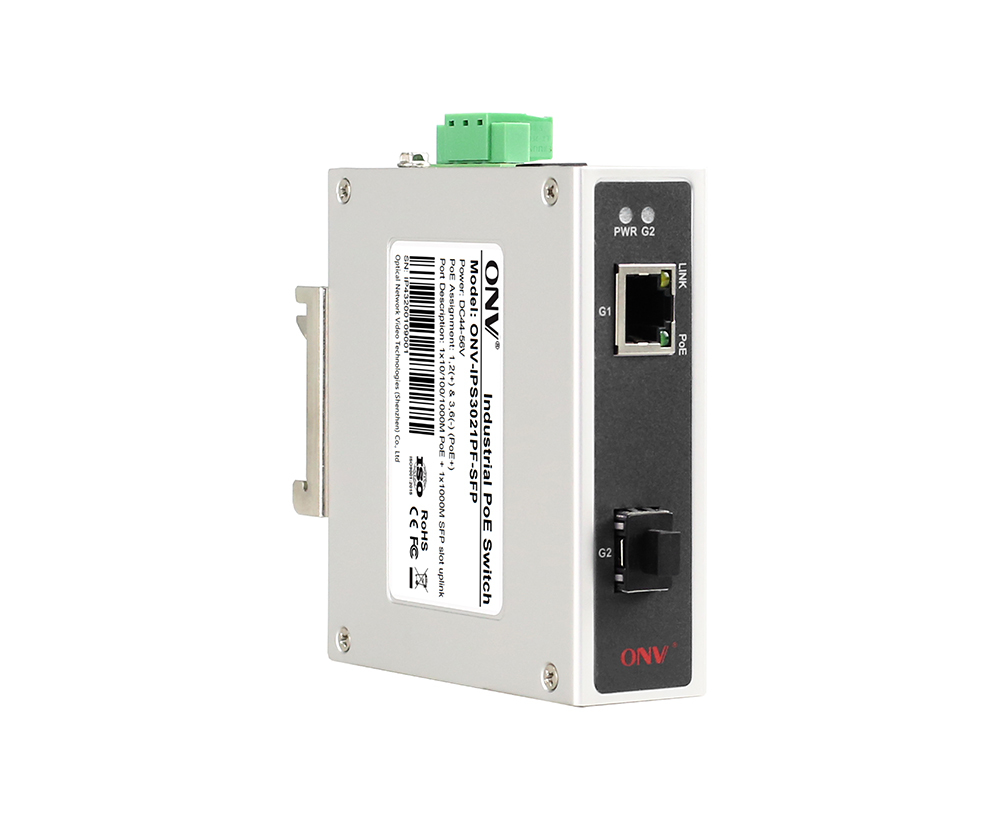 2-Port Gigabit Industrial PoE Switch with 30W PoE Power, SFP Fiber Port, and DIN Rail Mounting