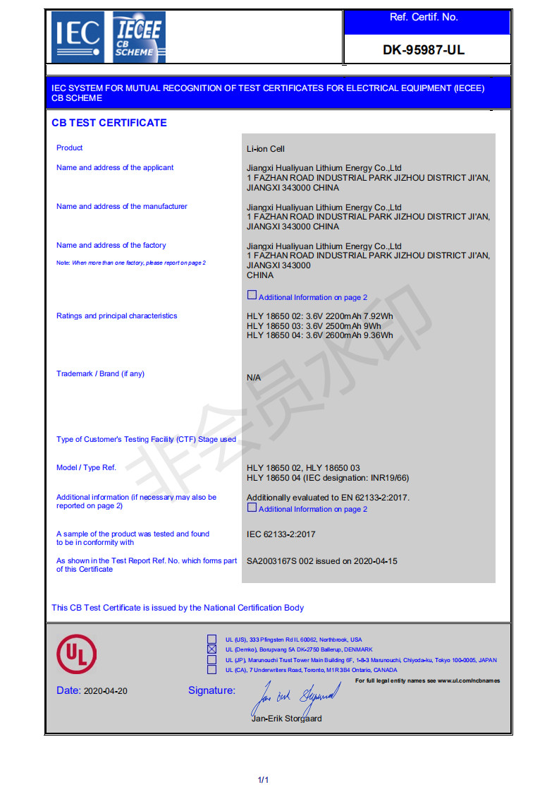 Jiangxi Hualiyuan Lithium Energy Co., Ltd. Сертификации