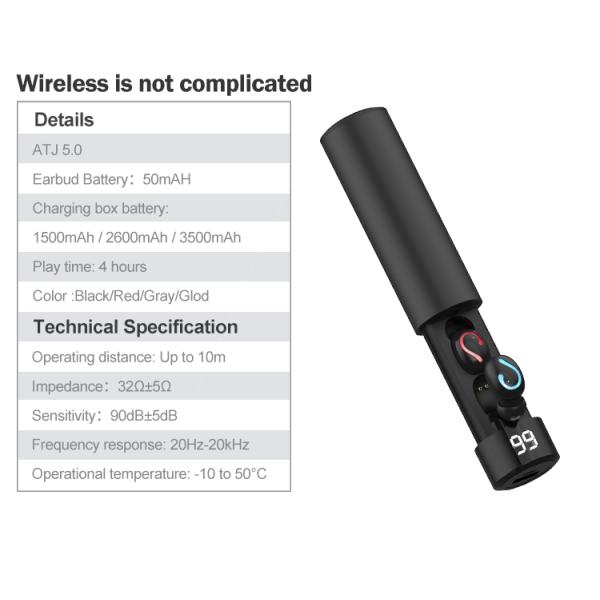 Digital Display Power Bank Earphones Cylindrical Black Battery Case Little Bean Eadbuds