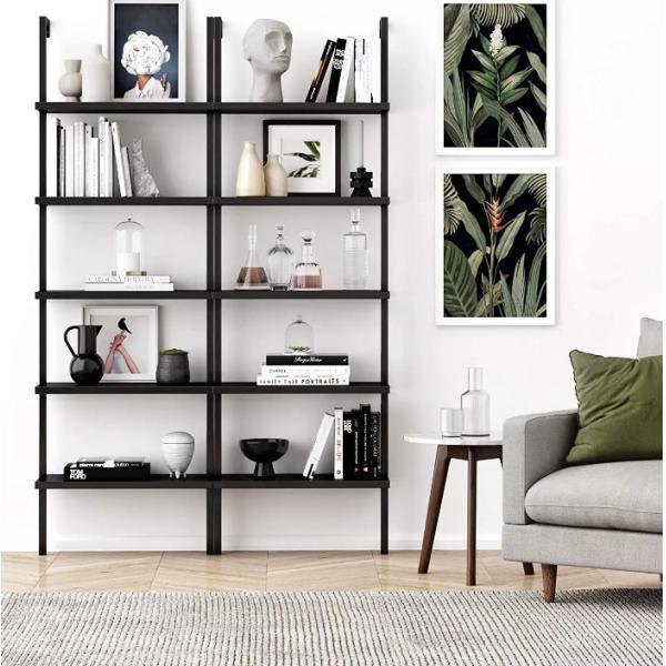 Living Room Black 5 Tier Metal And Wood Book Shelves MDF Board