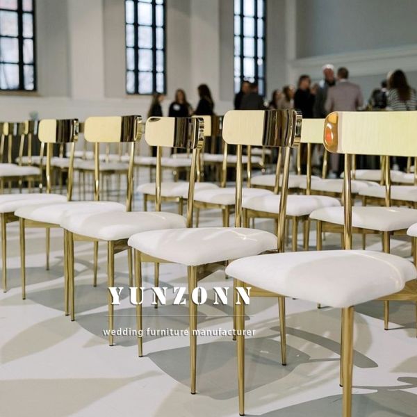 Contemporary Event Hotel Banquet Furniture White Leather Gold Metal Stackable Wedding Chairs