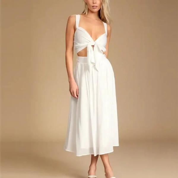                  Crinkle Woven Rayon Black Sleeveless Tie-Front Two-Piece Dress Smocked Crop Tank Top and High Waist Long Skirts Suits             