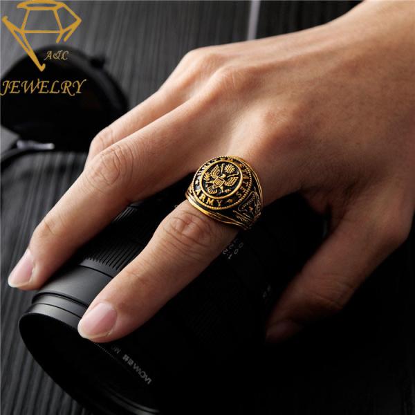 Deep Engraved Steel U.S Mens 18K Custom Military Rings