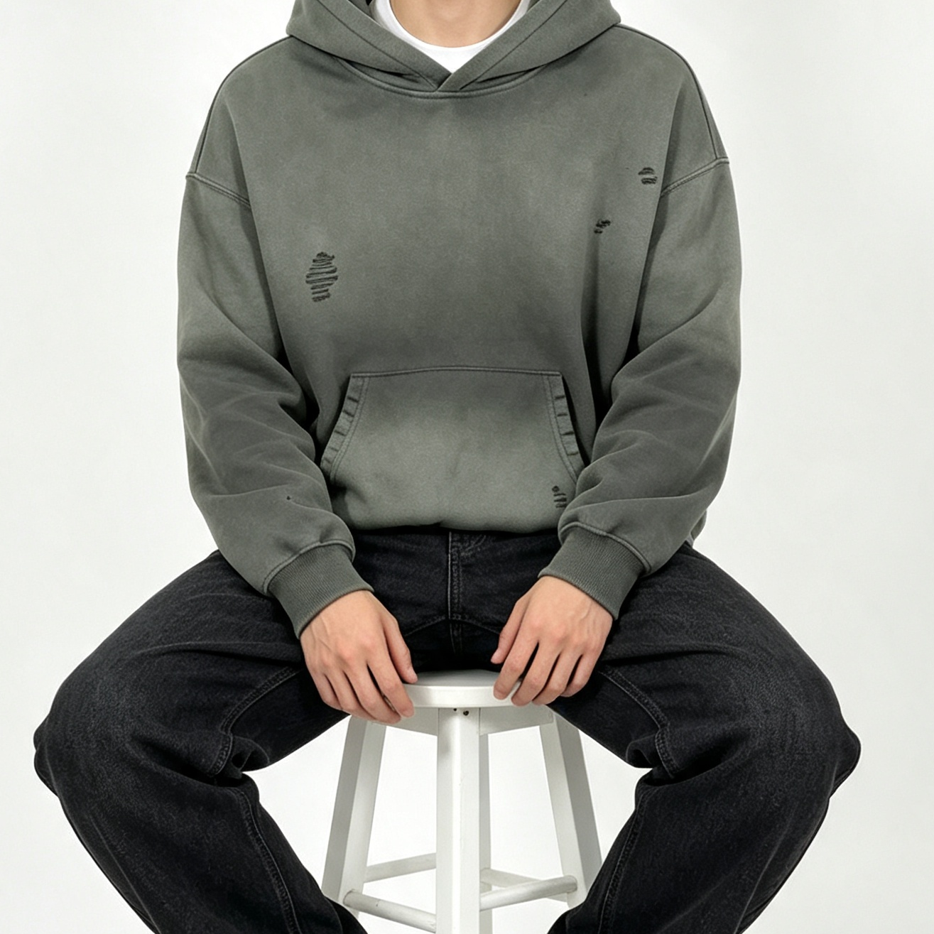 Men’s Distressed Gradient Hoodie Oversized Fleece Lined Streetwear Casual Pullover
