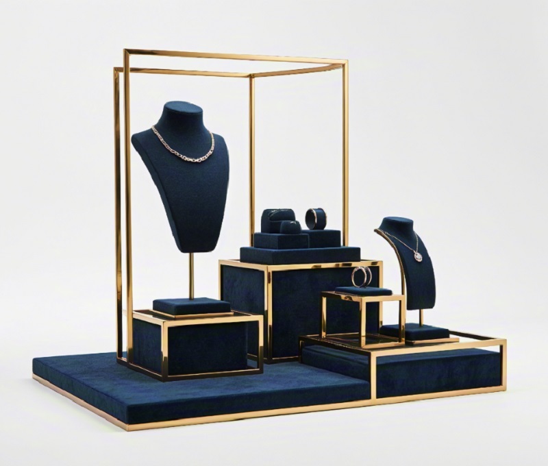 Modern Geometric Jewelry Display Stand Set Navy Velvet Gold Metal for Luxury Jewelry Store