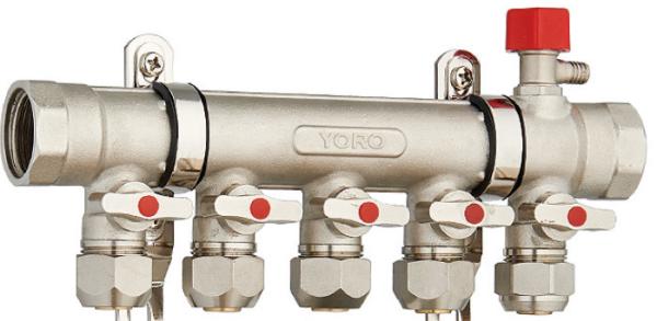 6213Y Hot Forged Brass Ball Valve Water Distribution Manifolds 45mm branch spacing W/ Main Supply & Return Air Exhausts