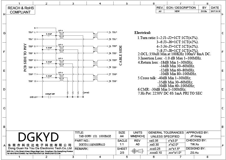 Соединителя pcb порта гигабита DGKYD111Q068HWA1D гнездо сети lightless одиночного встроенное модульное поднимает RJ45 домкратом