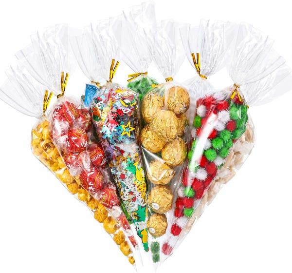 Clear Plastic Packaging Treat Bags , Cellophane Cone Sweet Bags
