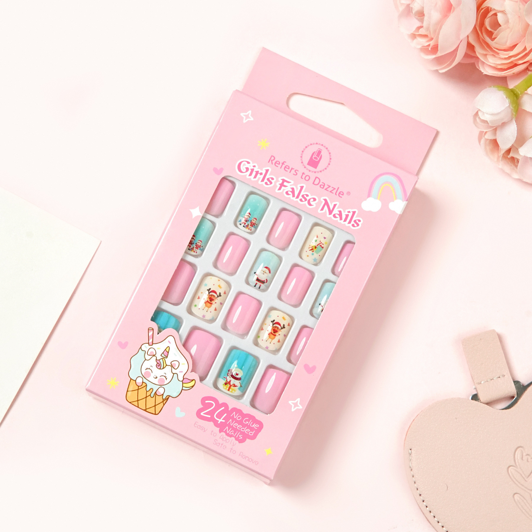 24pcs Cute Cartoon Self Adhesive False Nails Kids Press On Nails ABS Short