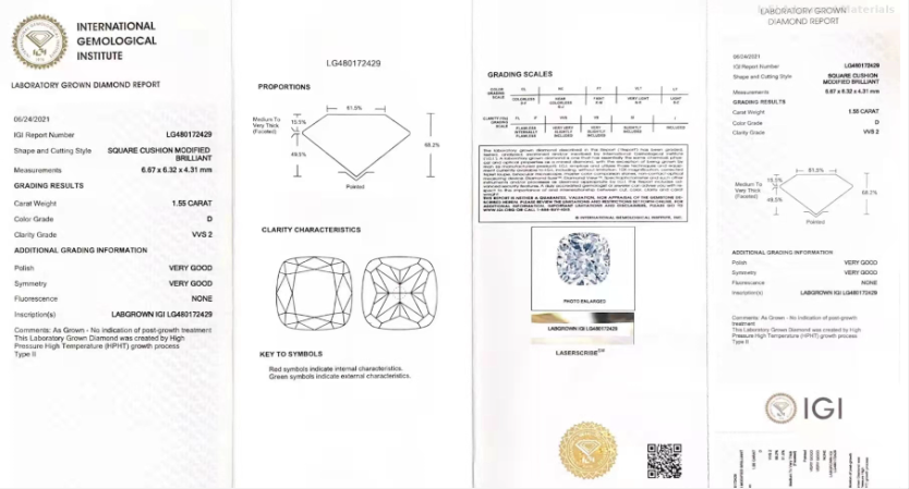 1.55 Ct D VVS2 VG Лабораторно выращенный бриллиант Ювелирные изделия HPHT Квадратная подушка бриллиант