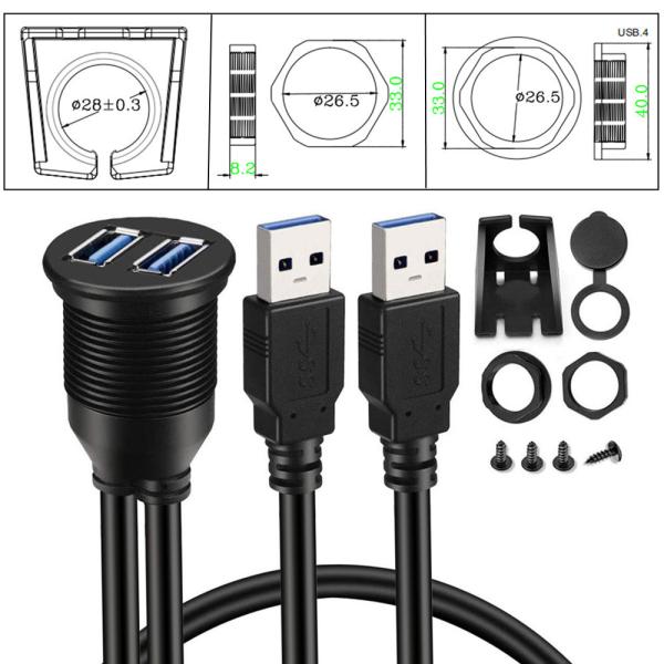 Car Dashboard Panel Flush Mount USB 3.0 Dual Port Dock Adapter Male to Female Extension Cable