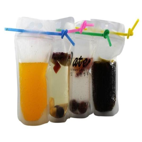biodegradable eco-friendly Fruit juice liquid plastic bag with straw transparent