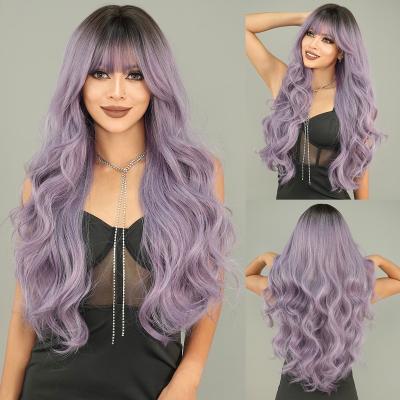 Fashion Long Body Wave Dark Root Hair Purple Synthetic Wigs For Women