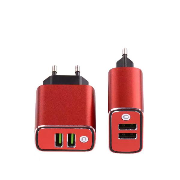 Black / red / silver gray / aluminum alloy 2-port travel charger,DC100-240V, high efficiency IC, fast charging, 110-240V