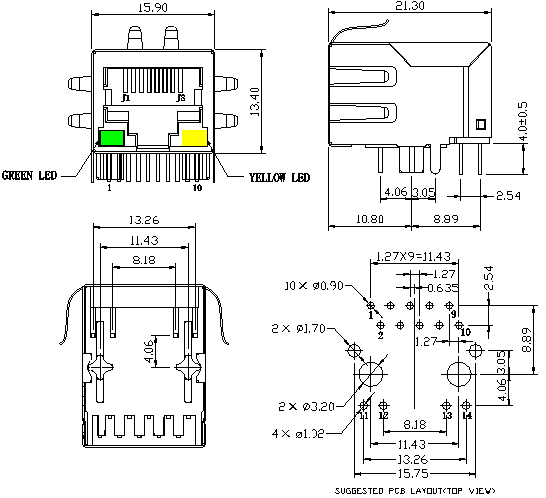 Bel SI-61001-F RJ45 Modular Jack Stewart Connector 1000 BASE-T Magnetic Shielded