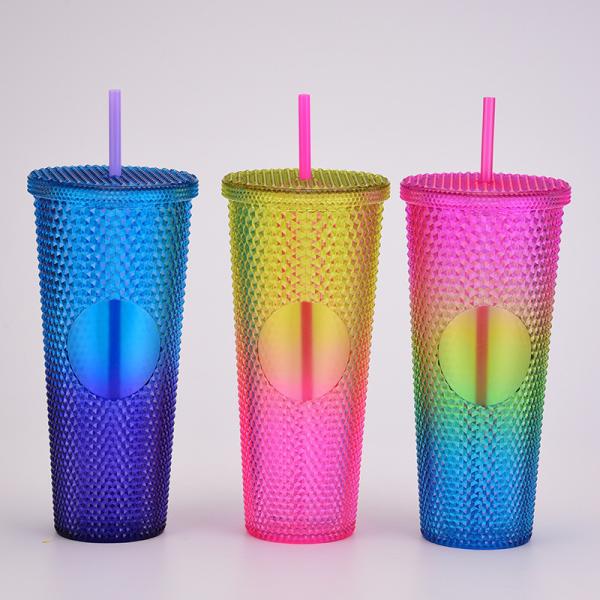 Double Wall Insulation 24oz Studded Tumbler Diamond Durian Pineapple Plastic Matte Black Studded Cup Coffee Tumbler With Lid Straw Fashionable