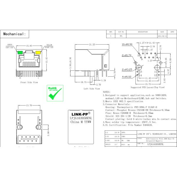 Основание-T RT7-ZZ-0032 1000 10p8c интегрировало магнитное поднимает соединитель домкратом порта сети стандарта Ethernet RJ45