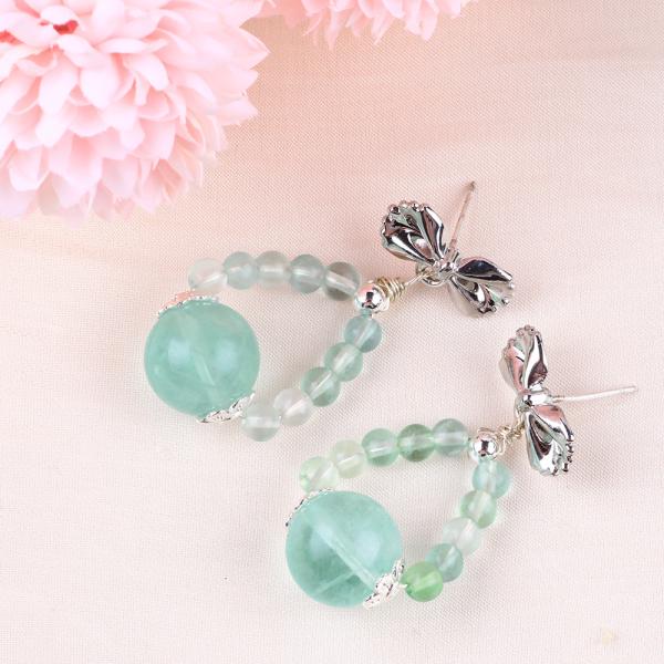 Handmade Crystal Stone Earrings Green Flourite Gemstone Beaded Bow Charms Pendant Earrings