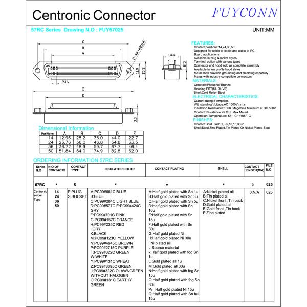 соединитель разъем-розетки DDK серии 50Pin CN оси 57 2.16mm Centronics