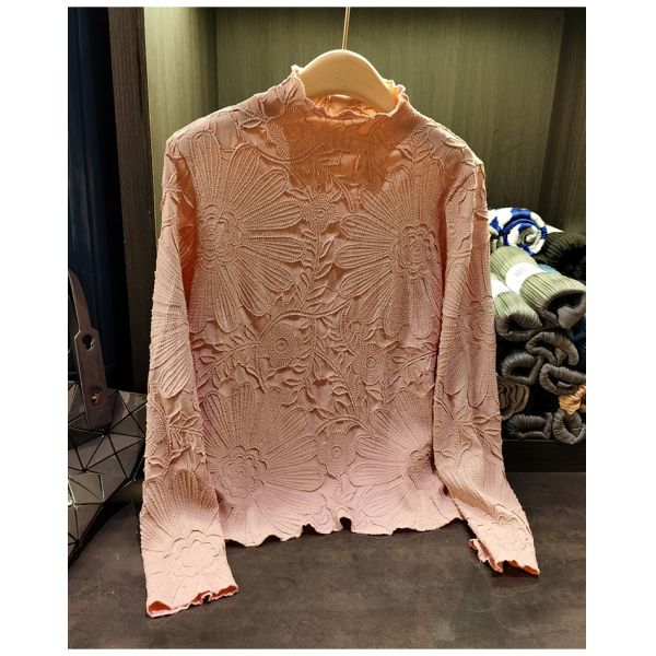 Japanese Pleated Stand Collar Long Sleeve T-shirt Top Printed Pleated Embodying Pleated Process Makes Flower Fashionable