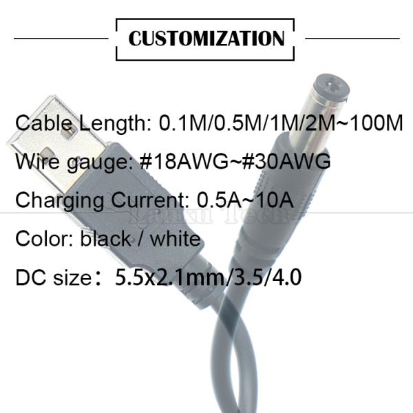 Custom 1m 5.5x2.1mm Barrel Jack USB to DC Power Cable