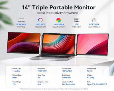 14 Portable Dual Screen Monitor 1920x1200 IPS Display Monitor In Foldable Aluminum Alloy Design