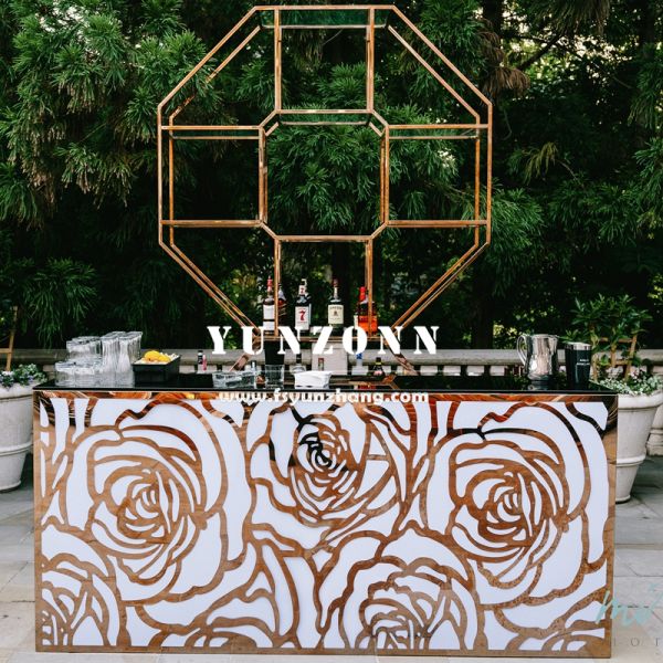 Club Furniture Round Stainless Steel Frame Gold Rose Pattern Portable bar Table Wedding bar Counter