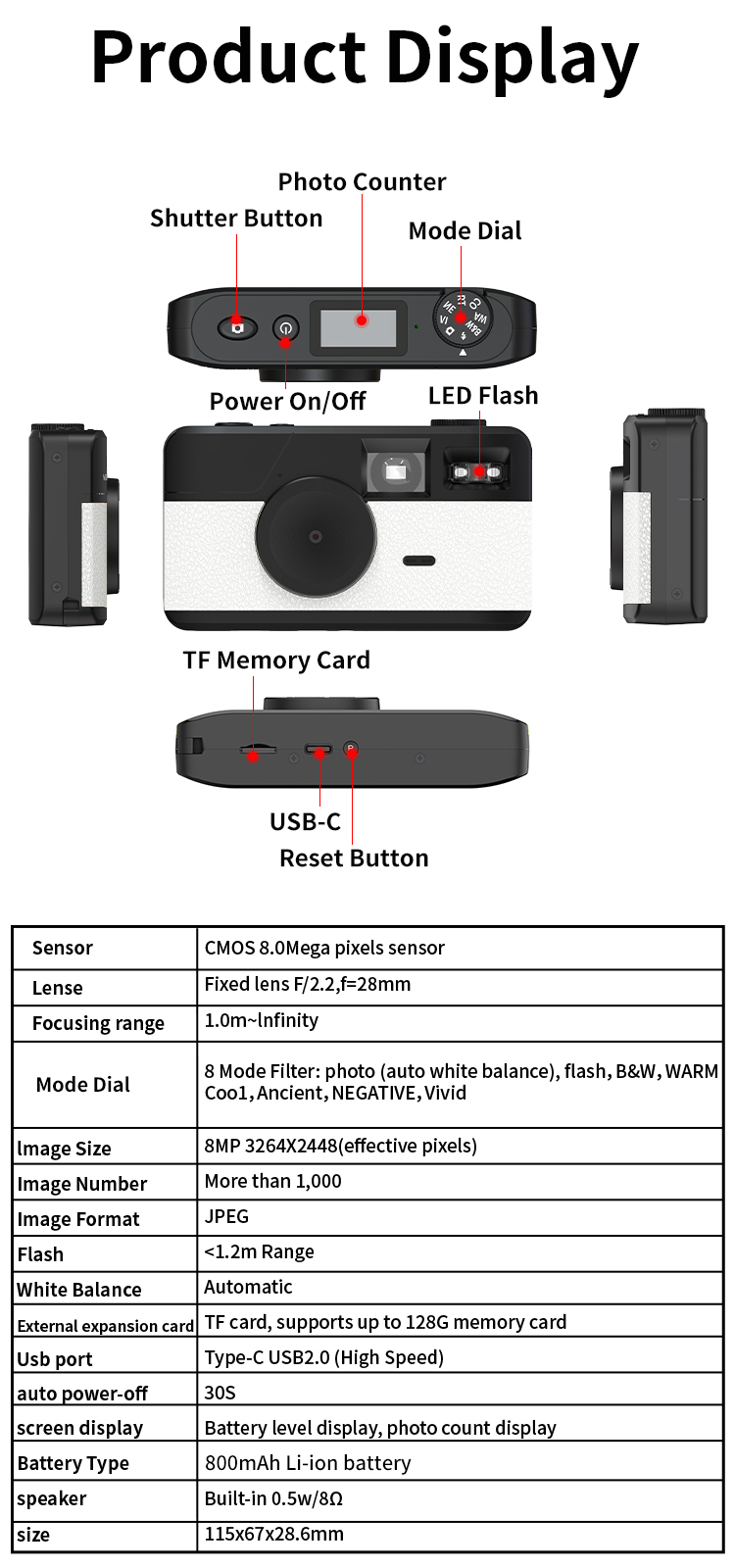 Retro Screenless Digital Camera Screen-free 8 Mode Filters Without Screen 8MP Photo With Photo Counter LED Flash Camping Camera