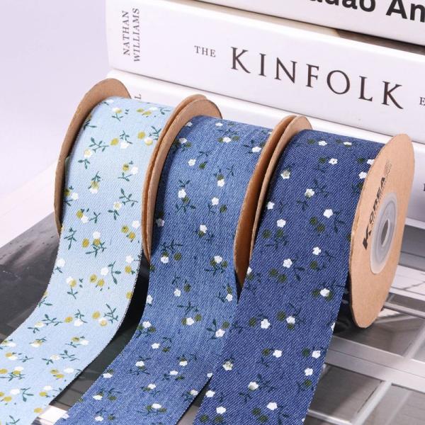 2.5cm Bud Edge/straight Edge Single-sided Small Floral Imitation Denim Ribbon Flower Gift Box Packaging DIY Bow Headband Color Fastness