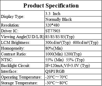 3.3 Inch IPS TFT LCD Module 320×480 QSPI RGB Interface With Capacitive Touch Panel
