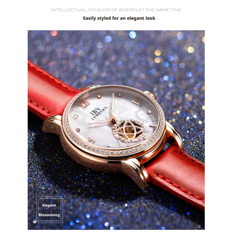 Rose Gold Skeleton Mechanical Ladies Watch Mother Of Pearl Dial Crystal Bezel Genuine Leather Strap 3 Colors Luxury Women Dress Wrist Watch Gift