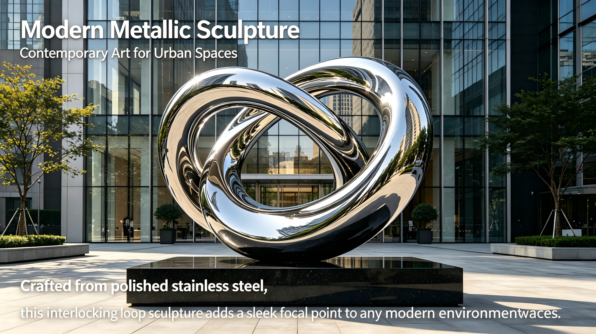 Mirror Polished 304 Stainless Steel Public Art Sculpture with Intertwined Double Helix Structure and Black Solid Granite Base