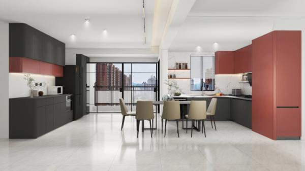Fadior Stainless Steel Modular Kitchen Cabinets – Modern Matte Black And Terracotta Red With L-Shaped Design