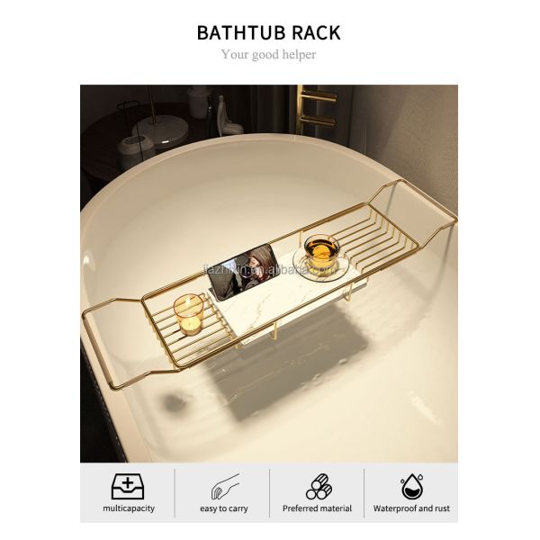 Bathroom Stainless Steel Scalable Bathtub Storage Rack Shower Gel Organizer Holder Non slip Marble Anti Slip Bathtub Caddy Tray