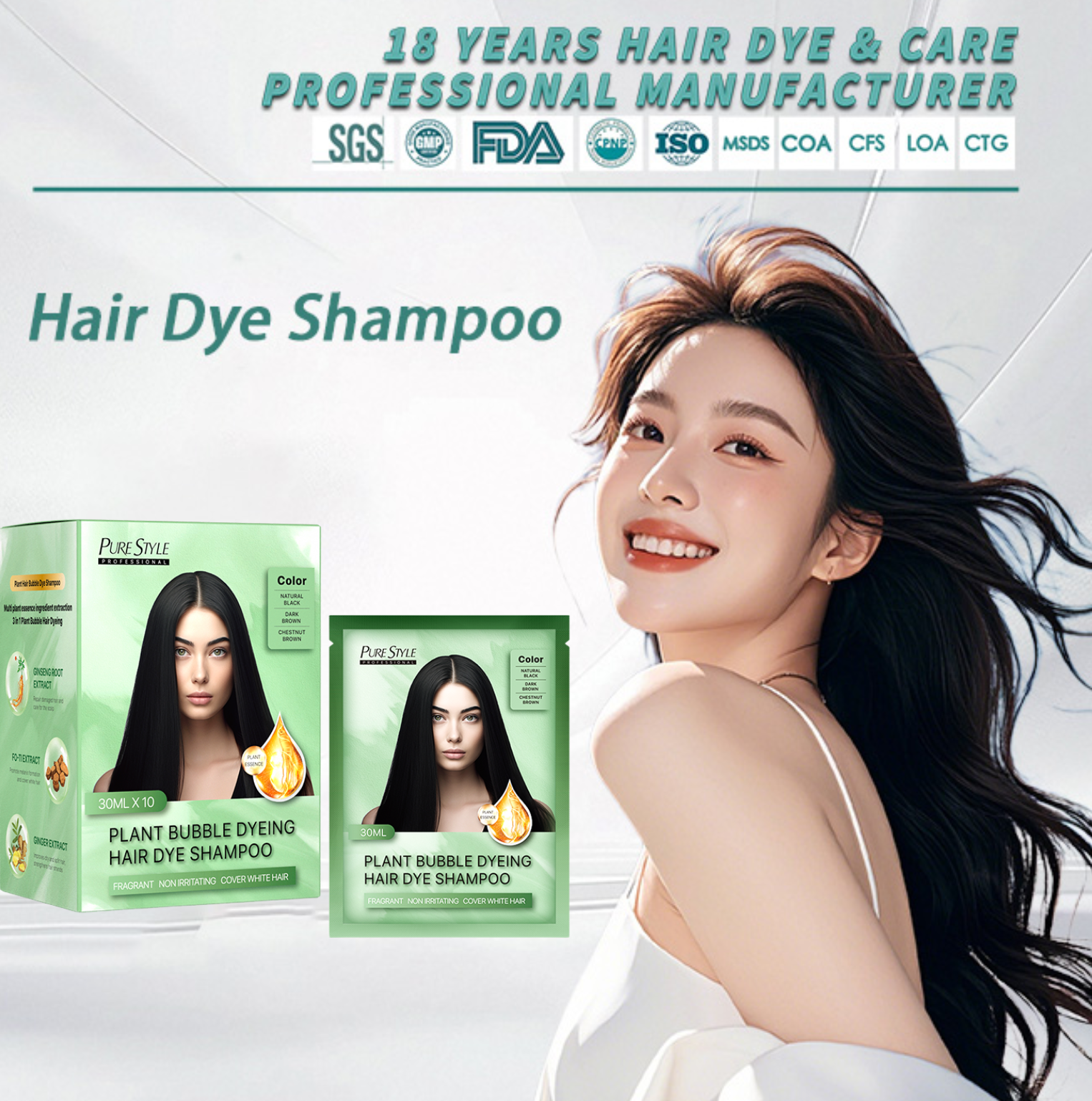 Purestyle Natural Herbal Black Hair Color Dye Shampoo Covering Gray Treatment Bubble Hair Dye
