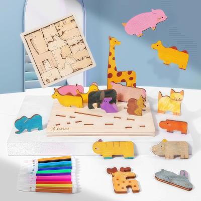 Wooden 3d Puzzle Jigsaw Kids Creative Diy Animal Puzzle Blocks Graffiti Painting Early Educational Toy