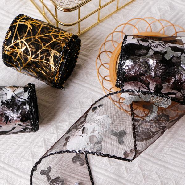MSD 2.5 Inch Wired Edge Burlap Ribbon Halloween Pattern Ribbon for Holiday Decorate