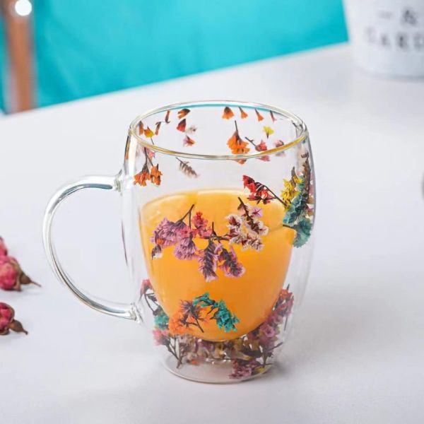 Custom LOGO Double Walled Coffee Cups Double Layer Glass Cup With Dry Flower