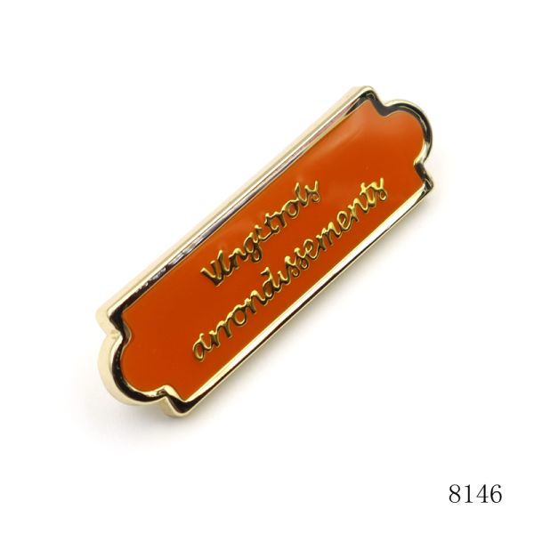Gold Plated Zinc Alloy Orange Enamel Metal Tag Custom Metal Logo Plate with Iron Prong Feet