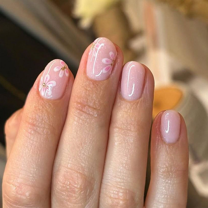Pink Flower Pattern Press On Nails Glossy Instant Medium Almond Nails