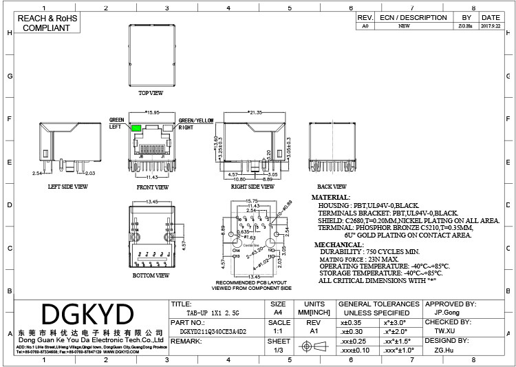 pcb сетевого интерфейса соединителя 2.5G RJ45 DGKYD211Q340CE3A4D2 поднимает RJ45 домкратом модульное поднимает 10PIN домкратом
