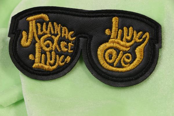 Black Faux Leather Glasses Shape Embroidery Patch With Gold Metallic Threads