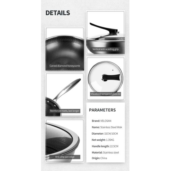 Honeycomb 32cm Frying Pan Silver 304 Stainless Steel Wok Non Stick 2.35kg