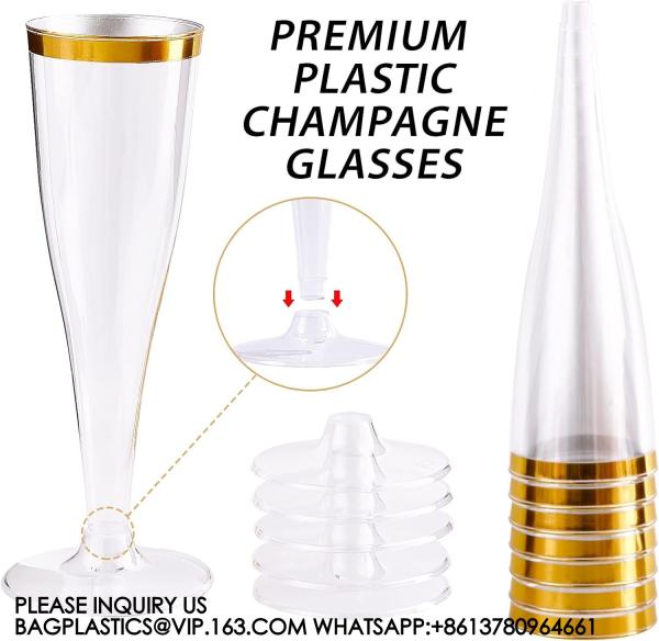 Plastic Champagne Flutes, 4.5 Oz Gold Rim Glasses, Disposable Clear Toasting Glasses Recyclable Cups For Wedding Party