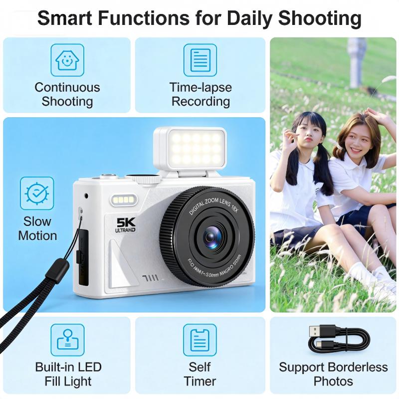 DLC W1 Vlogging Camera 5K 64MP Digital Camera with 180° Flip Screen 18X Zoom Slow Motion Time Lapse for Content Creators
