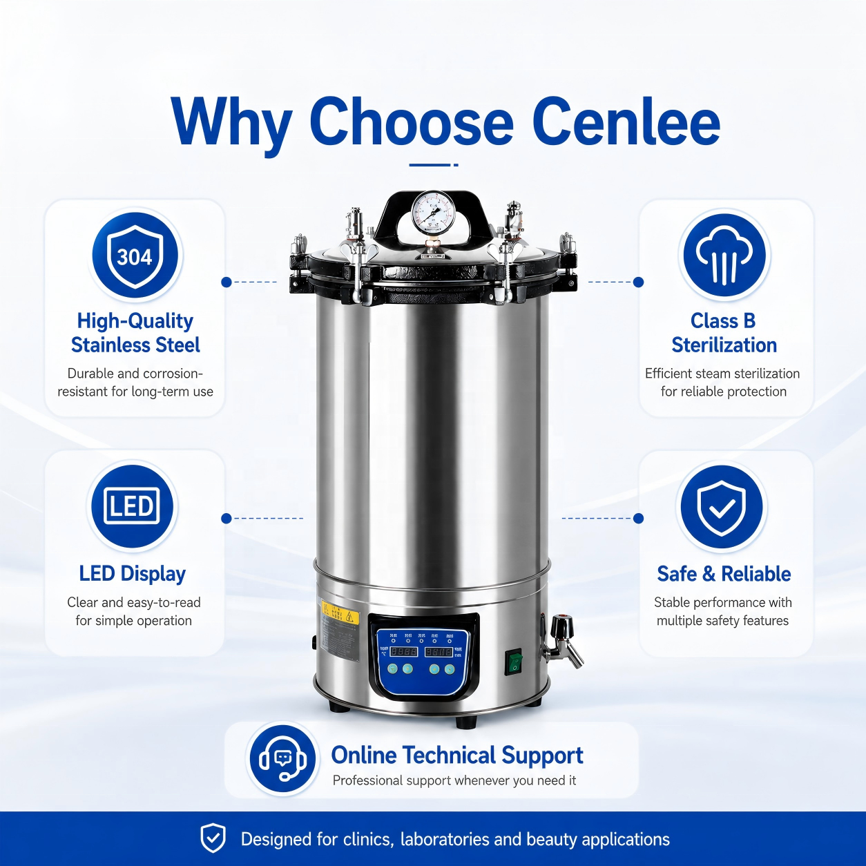 Cenlee 18L 24L Digital Portable Pressure Steam Sterilizer Portable Small Autoclave Sterilization Equipment