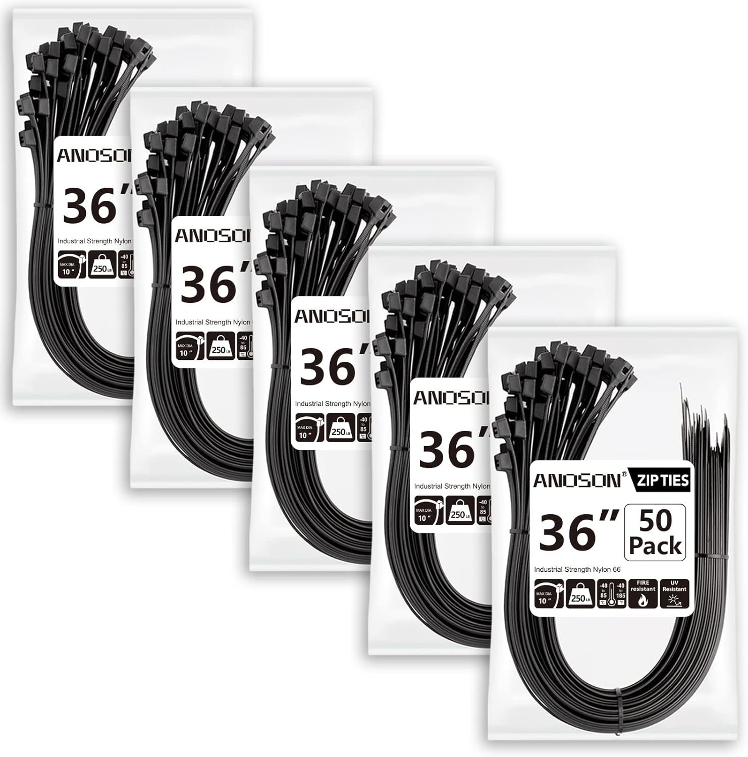 36-inch Long Heavy-Duty Cable Ties with 250lb Tensile Strength - Black Zip Ties
